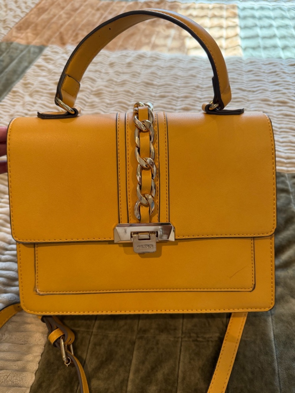 Yellow Chain-Accent Top Handle Satchel